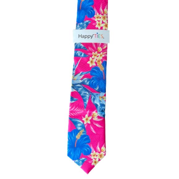 Happy Ties - Colorful Floral/Hawaiian Pink/Blue/Yellow Silk Tie - Picture 1 of 4